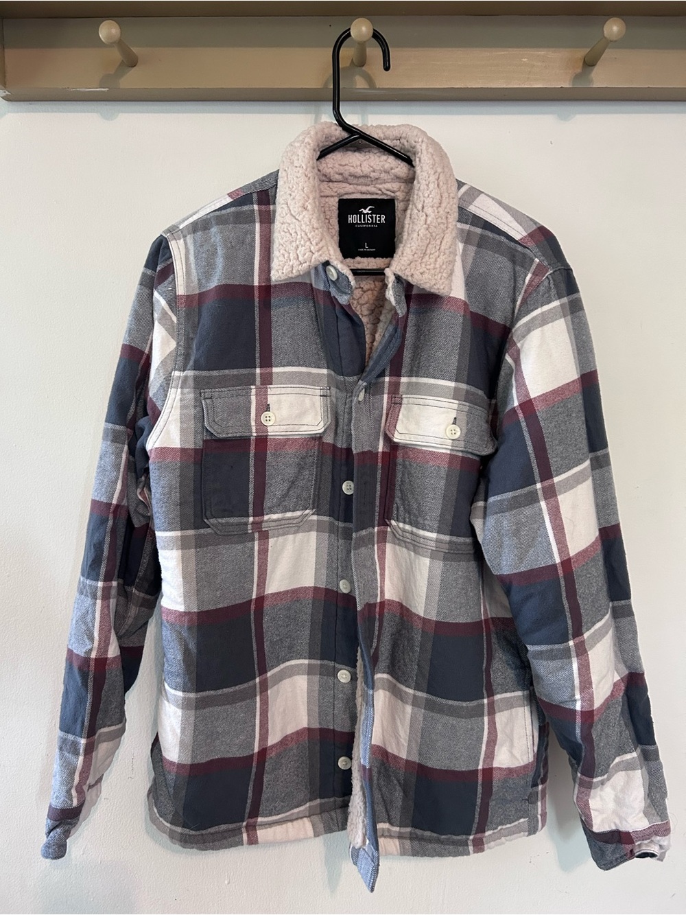 Hollister Men's Navy, Gray & White Plaid Sherpa Shirt Jacket